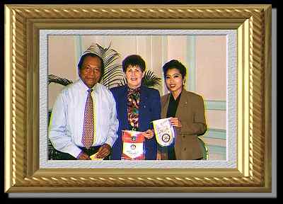 Jakarta Indonesia Rotary President Linda Lie and Marlene exchange Rotary Flags